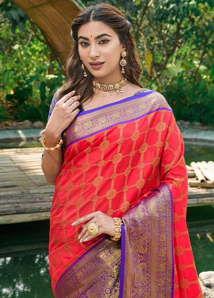 Red Dupion Silk Saree With Blouse Piece