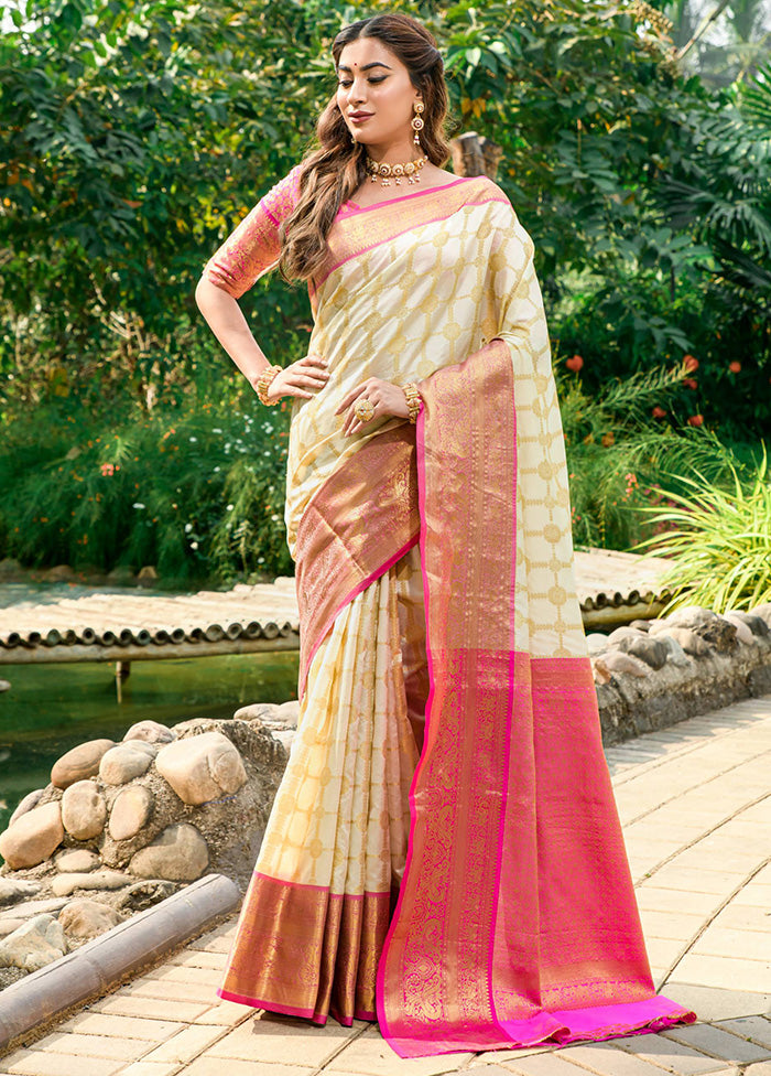 Off White Dupion Silk Saree With Blouse Piece