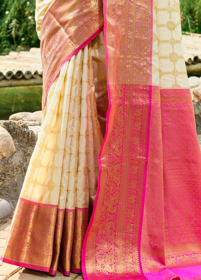 Off White Dupion Silk Saree With Blouse Piece