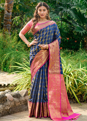 Navy Blue Dupion Silk Saree With Blouse Piece