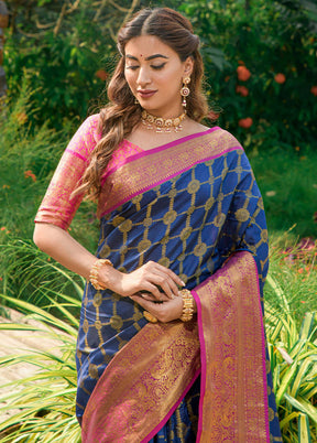 Navy Blue Dupion Silk Saree With Blouse Piece