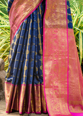 Navy Blue Dupion Silk Saree With Blouse Piece