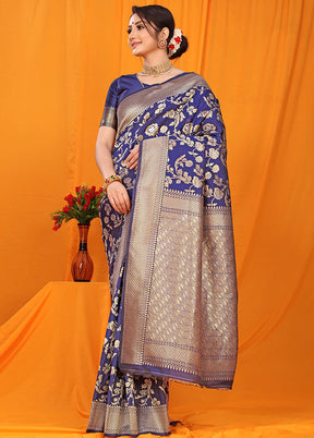 Navy Blue Dupion Silk Saree With Blouse Piece