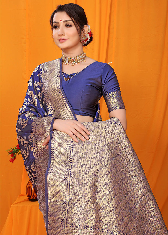 Navy Blue Dupion Silk Saree With Blouse Piece