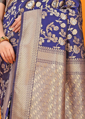 Navy Blue Dupion Silk Saree With Blouse Piece