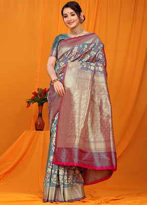 Grey Dupion Silk Saree With Blouse Piece