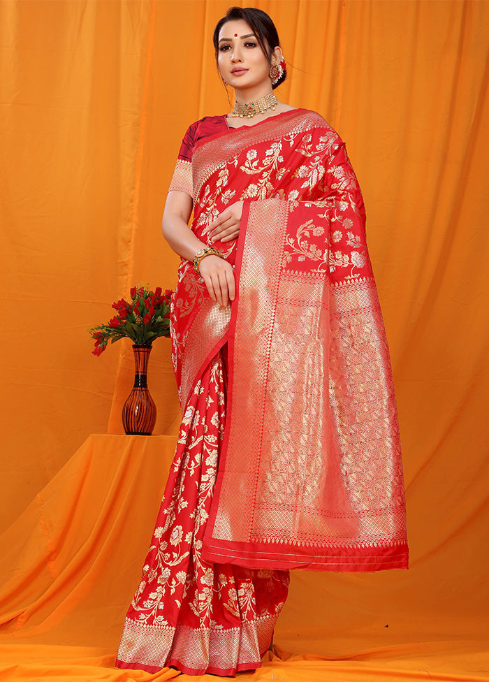 Red Dupion Silk Saree With Blouse Piece