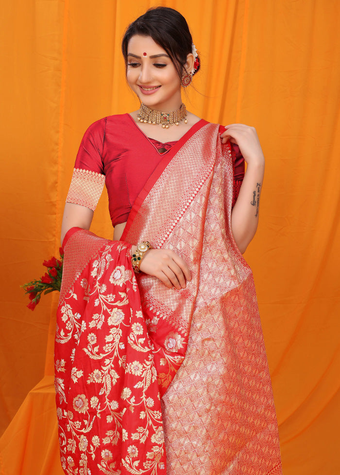 Red Dupion Silk Saree With Blouse Piece