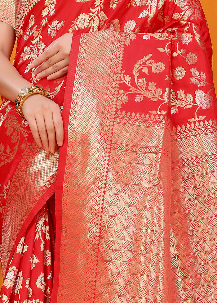 Red Dupion Silk Saree With Blouse Piece