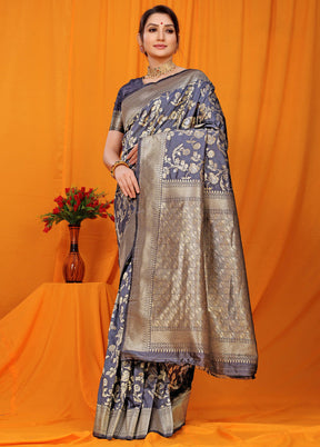 Navy Blue Dupion Silk Saree With Blouse Piece