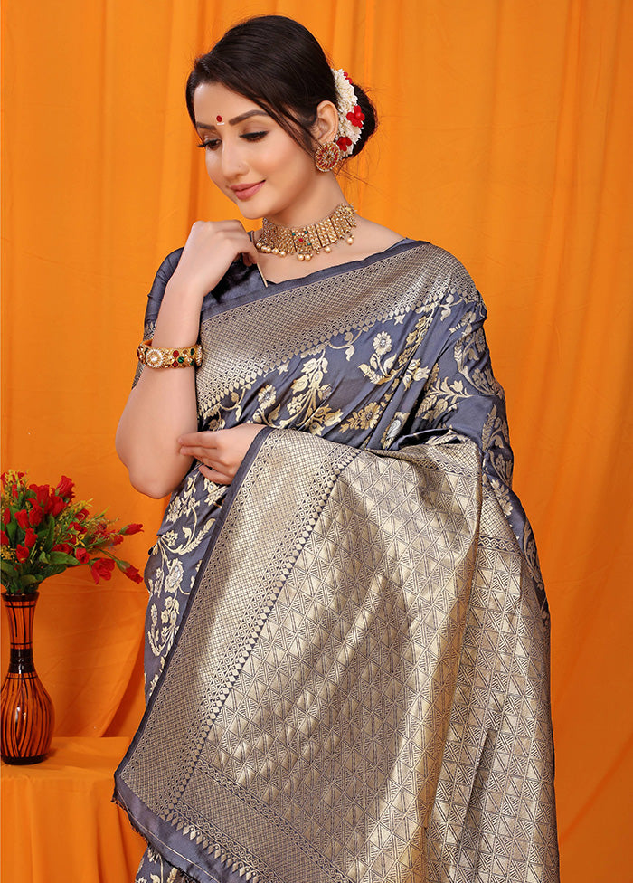 Navy Blue Dupion Silk Saree With Blouse Piece