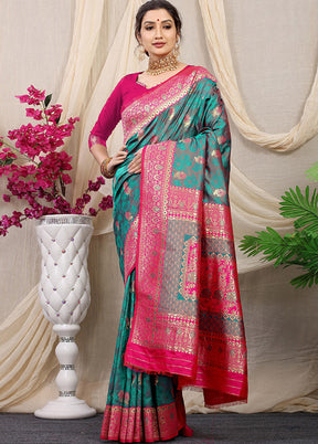 Bottle Green Dupion Silk Saree With Blouse Piece