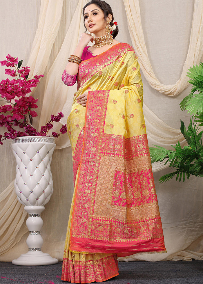 Light Yellow Dupion Silk Saree With Blouse Piece