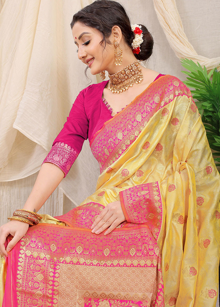 Light Yellow Dupion Silk Saree With Blouse Piece