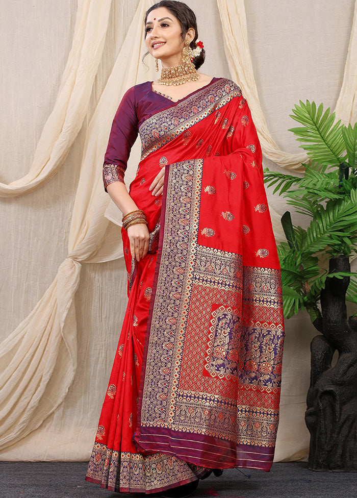 Red Dupion Silk Saree With Blouse Piece