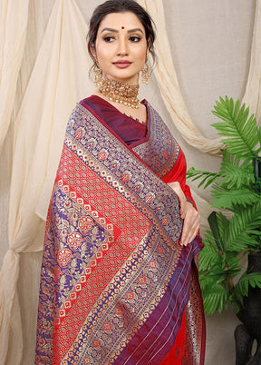 Red Dupion Silk Saree With Blouse Piece