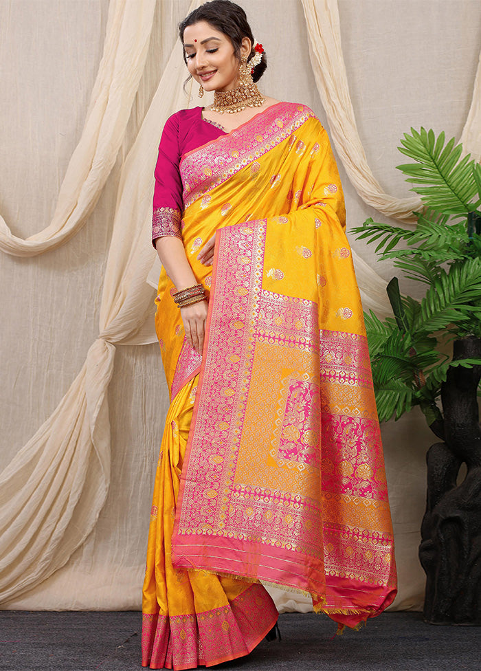 Yellow Dupion Silk Saree With Blouse Piece