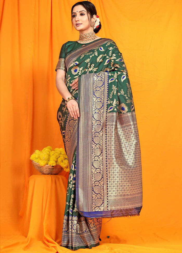 Bottle Green Dupion Silk Saree With Blouse Piece