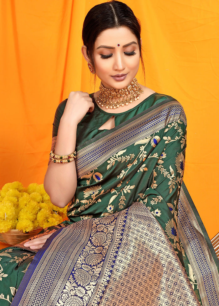 Bottle Green Dupion Silk Saree With Blouse Piece