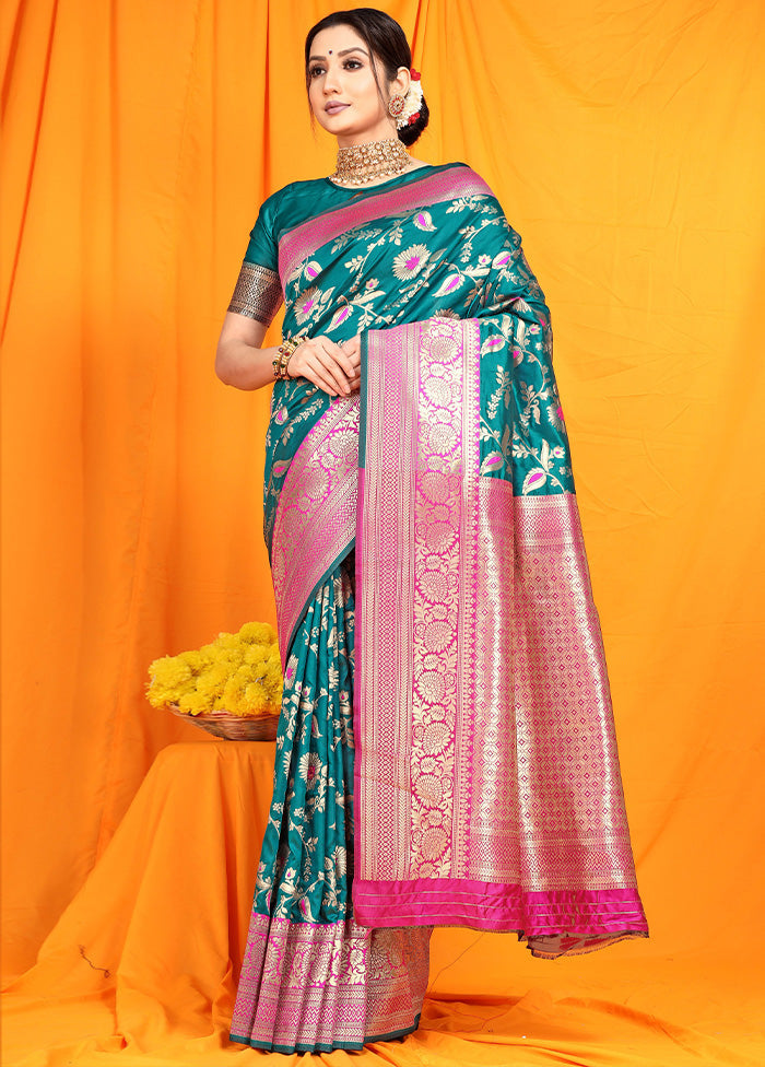 Teal Dupion Silk Saree With Blouse Piece