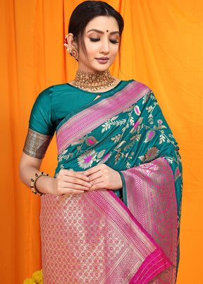 Teal Dupion Silk Saree With Blouse Piece