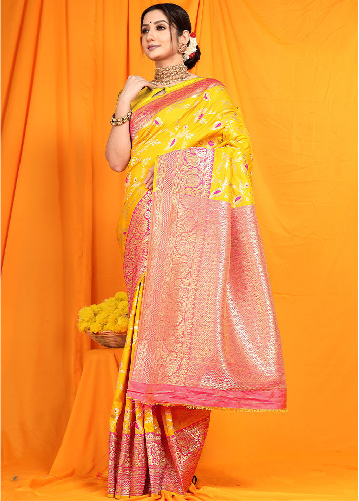 Yellow Dupion Silk Saree With Blouse Piece