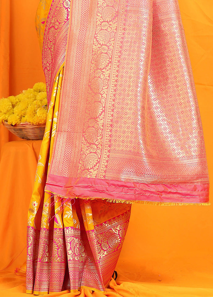 Yellow Dupion Silk Saree With Blouse Piece