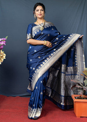 Navy Blue Dupion Silk Saree With Blouse Piece