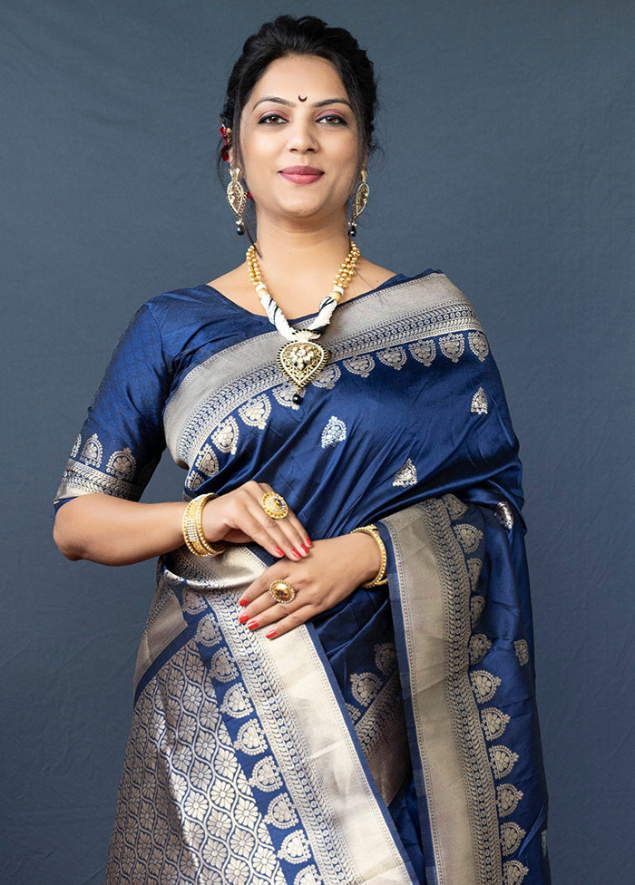 Navy Blue Dupion Silk Saree With Blouse Piece