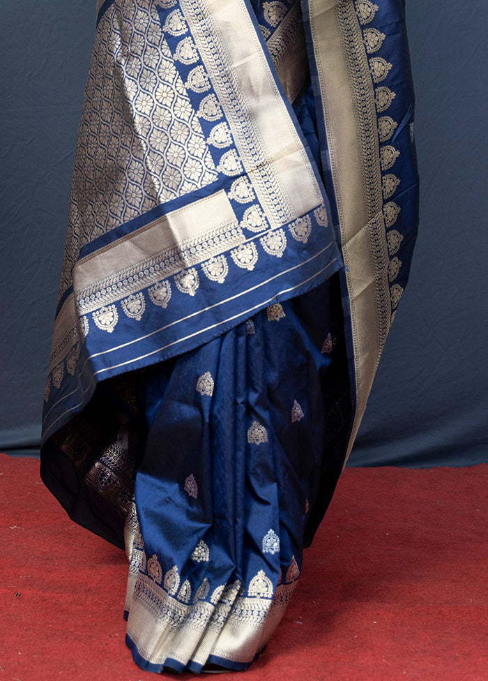 Navy Blue Dupion Silk Saree With Blouse Piece