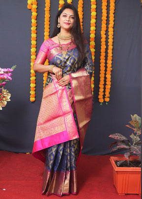 Navy Blue Dupion Silk Saree With Blouse Piece