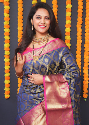 Navy Blue Dupion Silk Saree With Blouse Piece