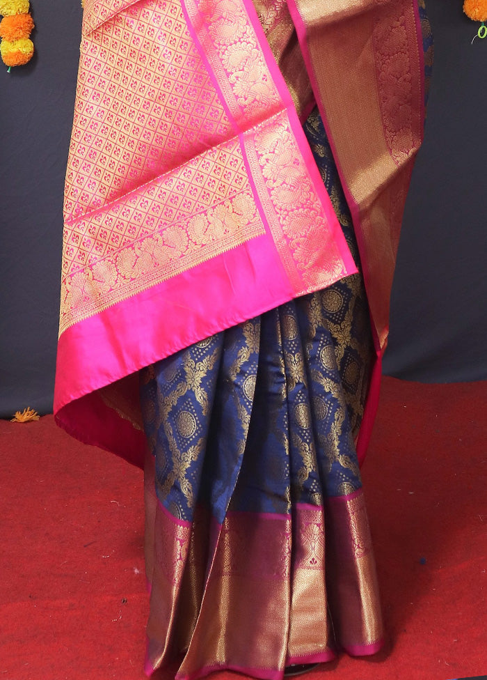 Navy Blue Dupion Silk Saree With Blouse Piece