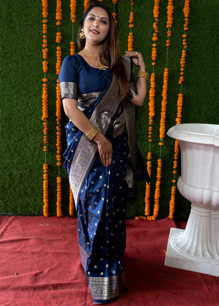 Navy Blue Dupion Silk Saree With Blouse Piece