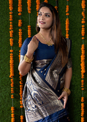 Navy Blue Dupion Silk Saree With Blouse Piece