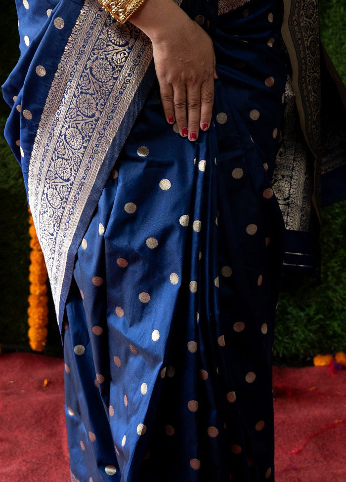 Navy Blue Dupion Silk Saree With Blouse Piece