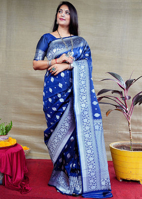 Navy Blue Dupion Silk Saree With Blouse Piece