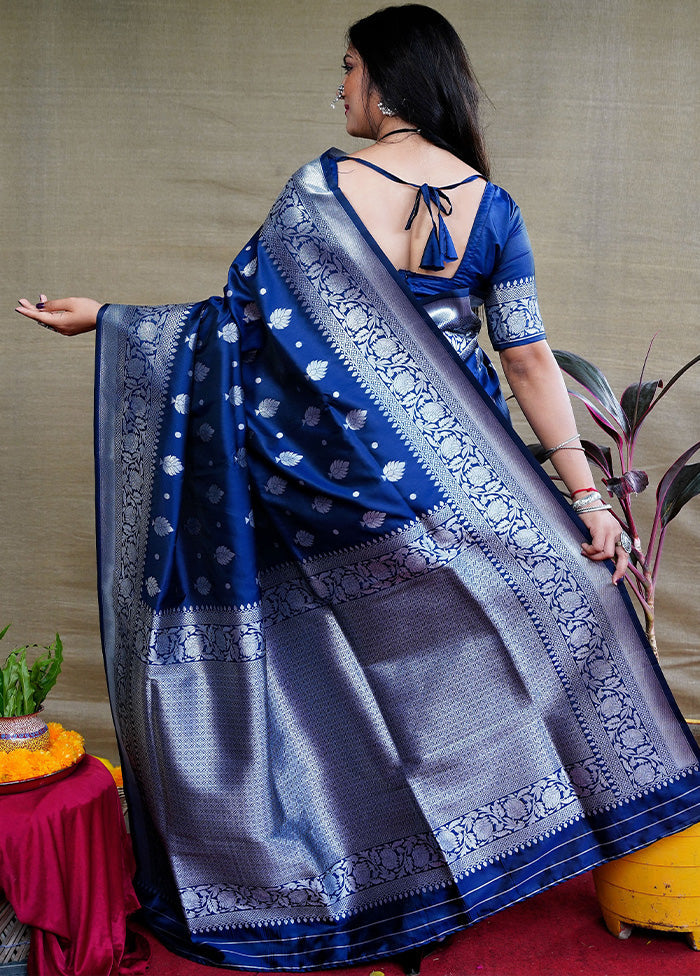 Navy Blue Dupion Silk Saree With Blouse Piece