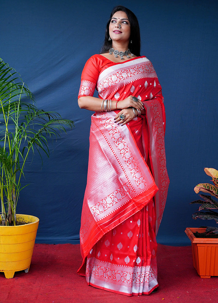 Red Dupion Silk Saree With Blouse Piece