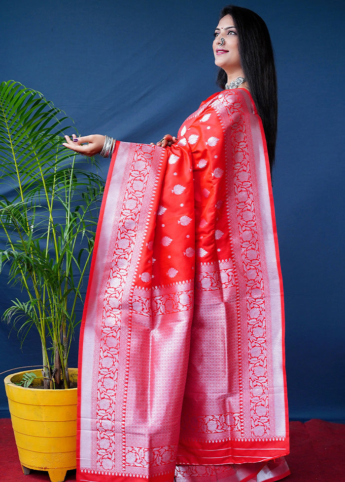 Red Dupion Silk Saree With Blouse Piece