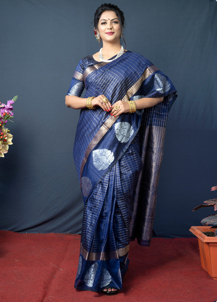 Navy Blue Silk Saree With Blouse Piece