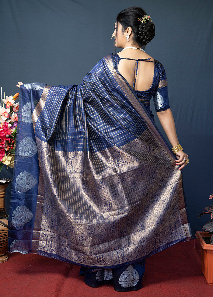 Navy Blue Silk Saree With Blouse Piece