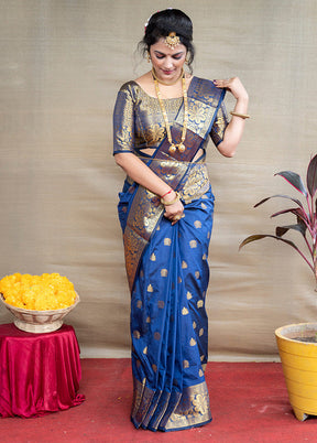 Navy Blue Dupion Silk Saree With Blouse Piece