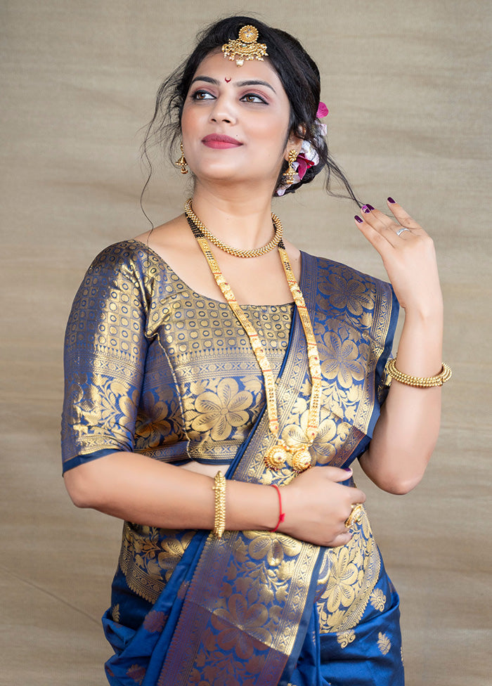 Navy Blue Dupion Silk Saree With Blouse Piece