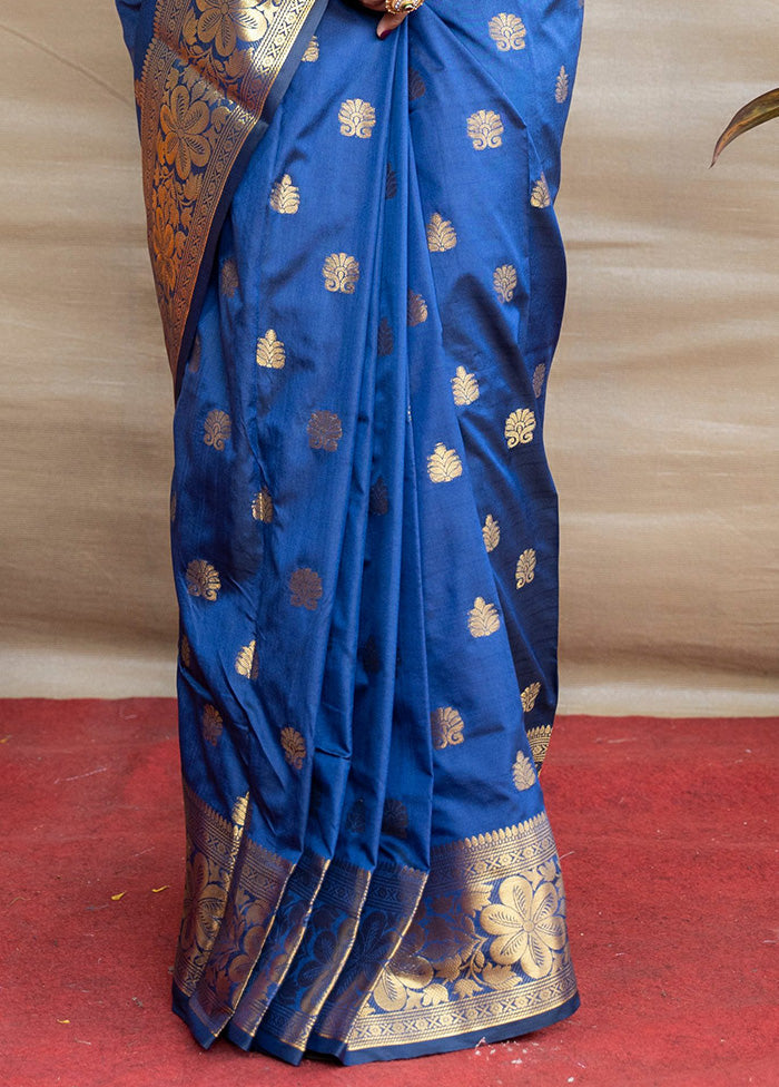 Navy Blue Dupion Silk Saree With Blouse Piece