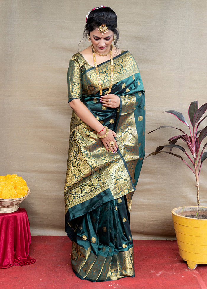 Bottle Green Dupion Silk Saree With Blouse Piece