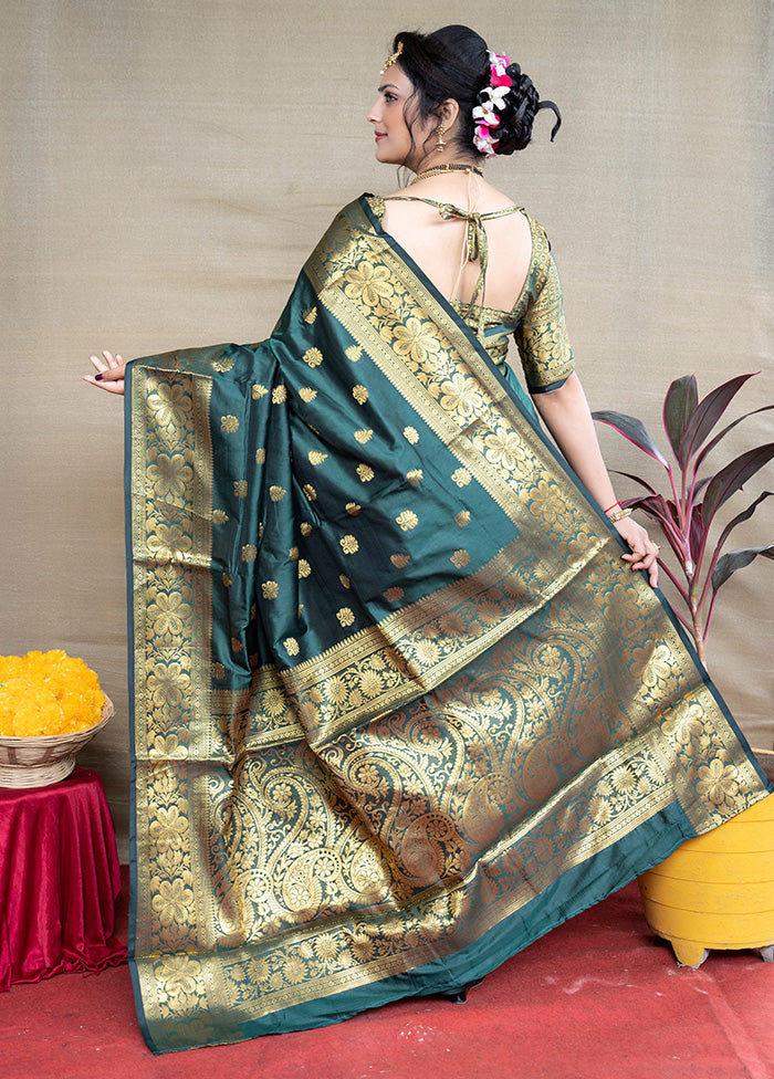 Bottle Green Dupion Silk Saree With Blouse Piece