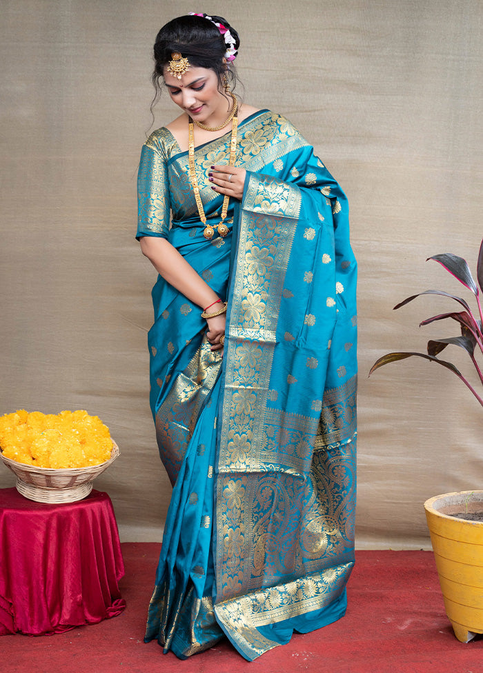 Teal Dupion Silk Saree With Blouse Piece