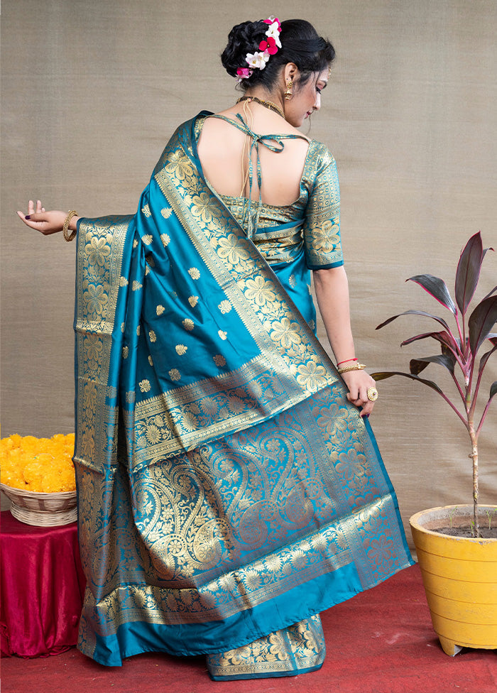 Teal Dupion Silk Saree With Blouse Piece