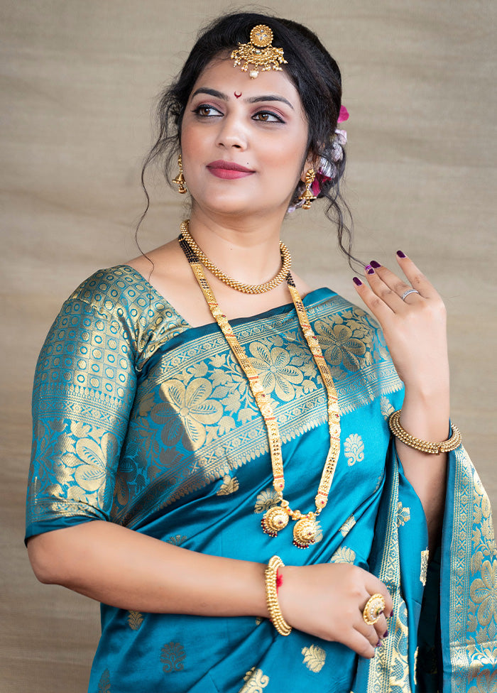 Teal Dupion Silk Saree With Blouse Piece